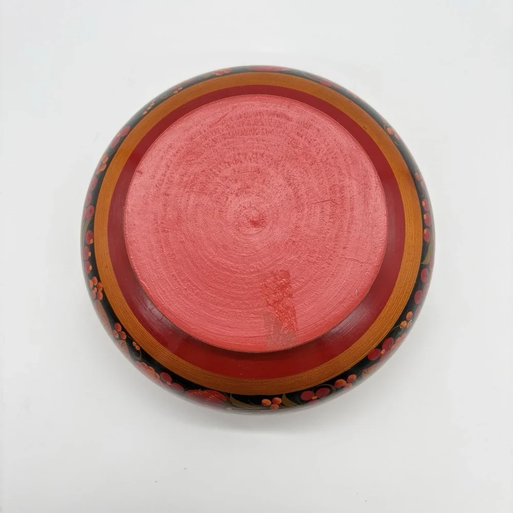 Russian Art Khokhloma Wooden Bowl Matching Spoon Traditional Floral Berry Design